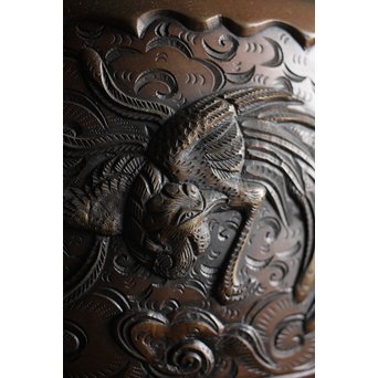 六代 角羽勘左衛門 羽廣屋造 龍鳳凰片切彫 宣徳火鉢瓶掛 一対　M222 