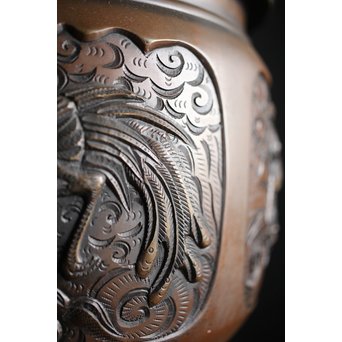 六代 角羽勘左衛門 羽廣屋造 龍鳳凰片切彫 宣徳火鉢瓶掛 一対　M222 