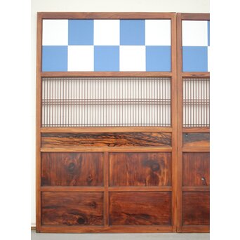 市松襖 欅黒柿肥松 意匠建具 4枚1組　B994Y 