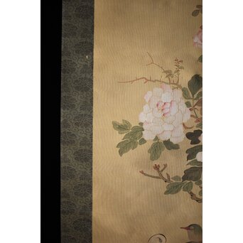 倣 山本梅逸 花鳥之図 双幅 絹本掛軸　Z225 