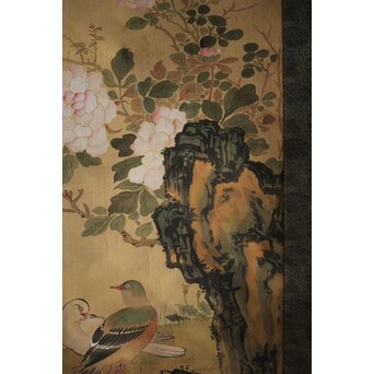 倣 山本梅逸 花鳥之図 双幅 絹本掛軸　Z225 