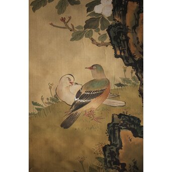 倣 山本梅逸 花鳥之図 双幅 絹本掛軸　Z225 