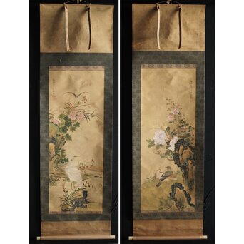 倣 山本梅逸 花鳥之図 双幅 絹本掛軸　Z225