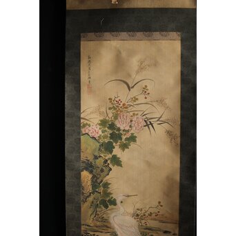 倣 山本梅逸 花鳥之図 双幅 絹本掛軸　Z225 