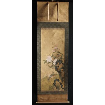 倣 山本梅逸 花鳥之図 双幅 絹本掛軸　Z225 