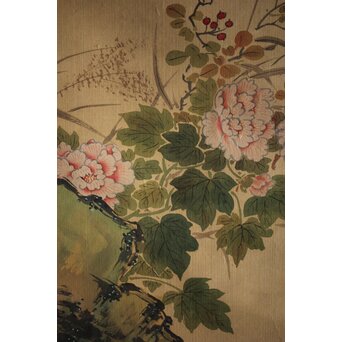 倣 山本梅逸 花鳥之図 双幅 絹本掛軸　Z225 