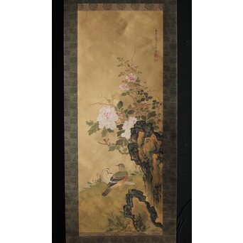 倣 山本梅逸 花鳥之図 双幅 絹本掛軸　Z225 