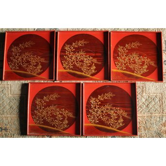 萩秋草朱塗蒔絵 膳五枚　Q111 