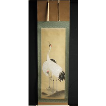 横尾木鶏 双鶴図 絹本彩色掛軸　Z229 