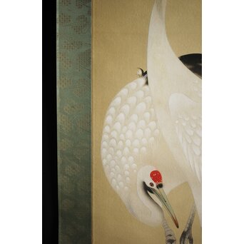 横尾木鶏 双鶴図 絹本彩色掛軸　Z229 