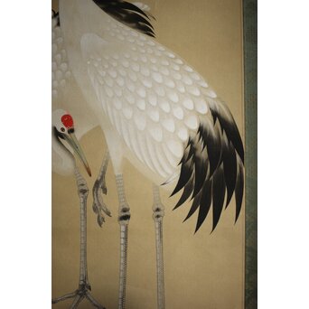 横尾木鶏 双鶴図 絹本彩色掛軸　Z229 