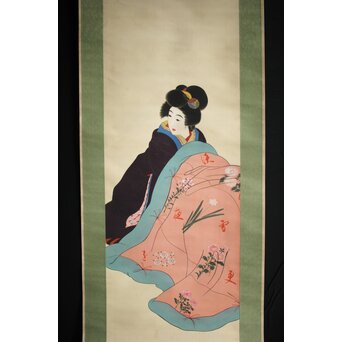 無銘 美人画 絹本彩色掛軸　Z231