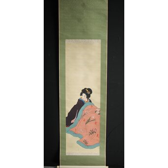 無銘 美人画 絹本彩色掛軸　Z231 