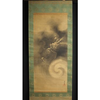 倣 狩野益信 龍虎図 絹本水墨掛軸 対幅　Z233 