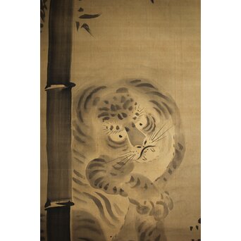 倣 狩野益信 龍虎図 絹本水墨掛軸 対幅　Z233 