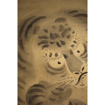 倣 狩野益信 龍虎図 絹本水墨掛軸 対幅　Z233 