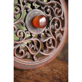 板谷波山風 淡斎作 唐木透蓋 瑪瑙摘 陽刻青磁香炉　P200 