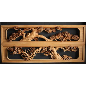 大雲銘 松竹梅深彫木彫欄間 2枚1組　R0050Y