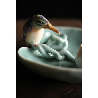 初代 深川忠次 真葛/眞葛香山写 青磁釉 翡翠 菓子器　P206 