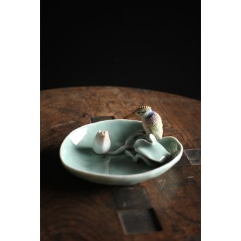 初代 深川忠次 真葛/眞葛香山写 青磁釉 翡翠 菓子器　P206