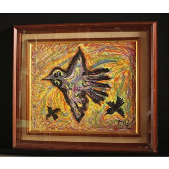 岩崎巴人【鳥】10号 額装紙本彩色　Z238