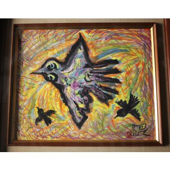 岩崎巴人【鳥】10号 額装紙本彩色　Z238 