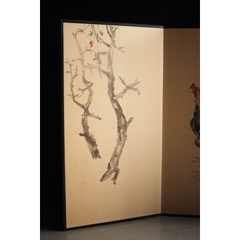 那須雅城 台湾博物館収蔵作家【軍鶏】紙本屏風　Z239 