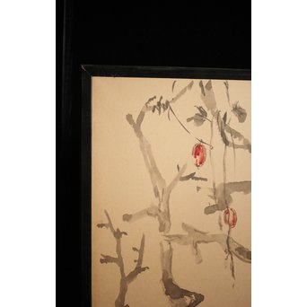 那須雅城 台湾博物館収蔵作家【軍鶏】紙本屏風　Z239 