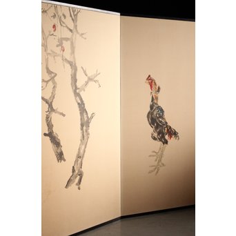 那須雅城 台湾博物館収蔵作家【軍鶏】紙本屏風　Z239 