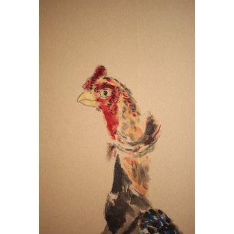 那須雅城 台湾博物館収蔵作家【軍鶏】紙本屏風　Z239 