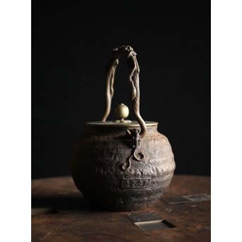 亀文堂 芋頭 小振 鉄瓶 湯沸 拙家琵琶湖有東 底款 霊芝古木提手　M245 