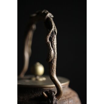 亀文堂 芋頭 小振 鉄瓶 湯沸 拙家琵琶湖有東 底款 霊芝古木提手　M245 