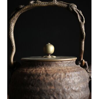 亀文堂 芋頭 小振 鉄瓶 湯沸 拙家琵琶湖有東 底款 霊芝古木提手　M245 