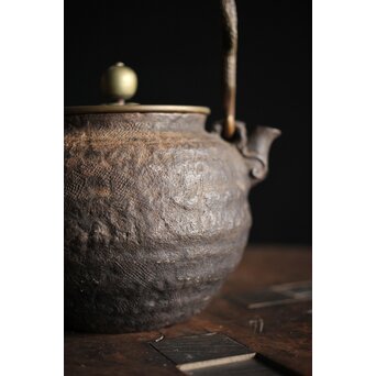 亀文堂 芋頭 小振 鉄瓶 湯沸 拙家琵琶湖有東 底款 霊芝古木提手　M245 