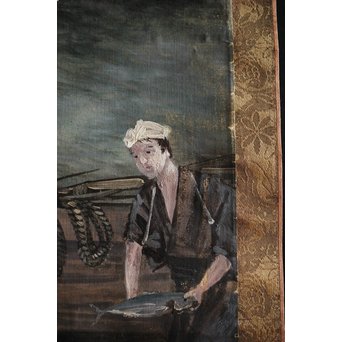 明治油彩 【海辺】絹本軸装　Z240 