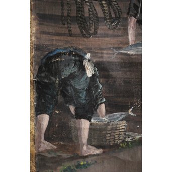 明治油彩 【海辺】絹本軸装　Z240 