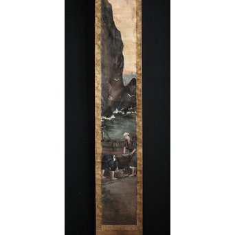 明治油彩 【海辺】絹本軸装　Z240