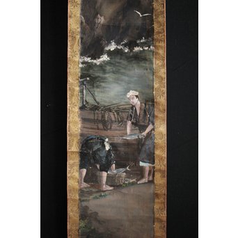 明治油彩 【海辺】絹本軸装　Z240 