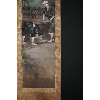 明治油彩 【海辺】絹本軸装　Z240 