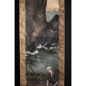 明治油彩 【海辺】絹本軸装　Z240 