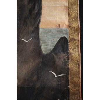 明治油彩 【海辺】絹本軸装　Z240 