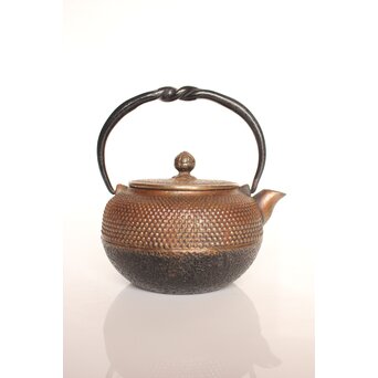 南部岩鋳釜師 清末作 純砂鉄/捻提手/霰紋平丸形急須/小鉄瓶　M250 