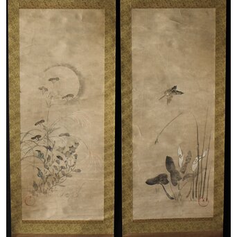 倣 尾形光琳 紙本掛軸2幅　Z242 