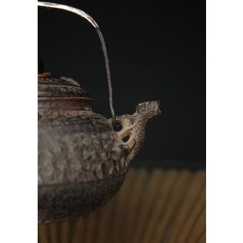 初代 秦蔵六造 銅環摘 鉄共蓋 双龍紋様 獣口形 鉄瓶/湯沸　M251 