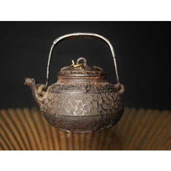 初代 秦蔵六造 銅環摘 鉄共蓋 双龍紋様 獣口形 鉄瓶/湯沸　M251