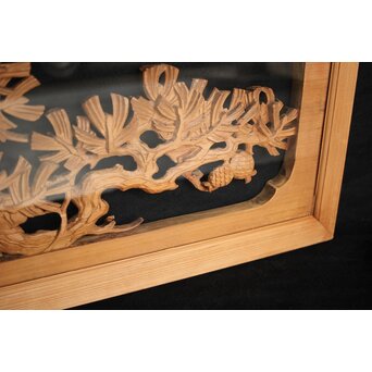 曲雲銘 井波 ガラス入中型松木彫欄間　R0074 