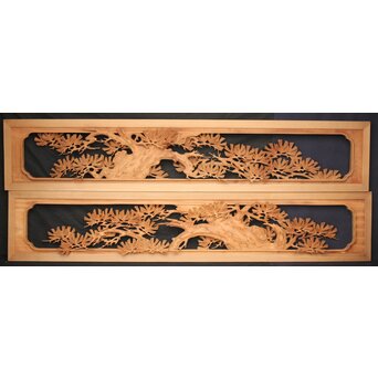 善本秀銘 井波 長尺松木彫欄間 2枚1組　R0077Y