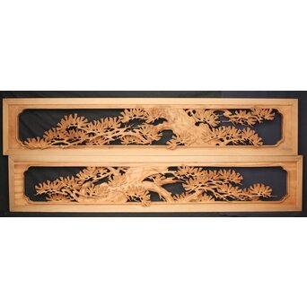 善本秀銘 井波 長尺松木彫欄間 2枚1組　R0077Y 