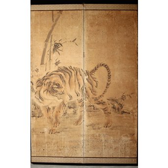 白井華陽 虎の図 六曲一双紙本水墨屏風　Z243 