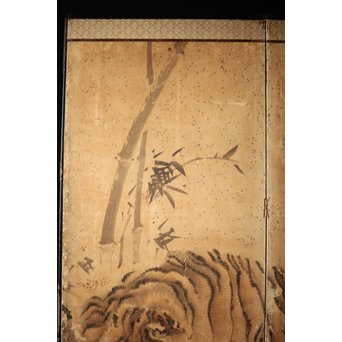 白井華陽 虎の図 六曲一双紙本水墨屏風　Z243 